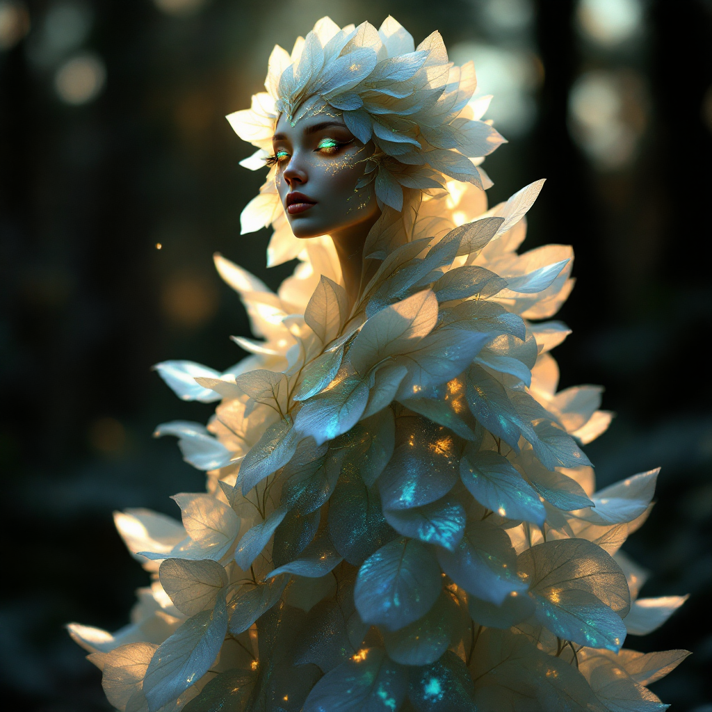 A serene figure adorned in luminous, leaf-like attire stands amidst a muted forest, embodying the quote’s essence of nature revealing hidden truths in silence.