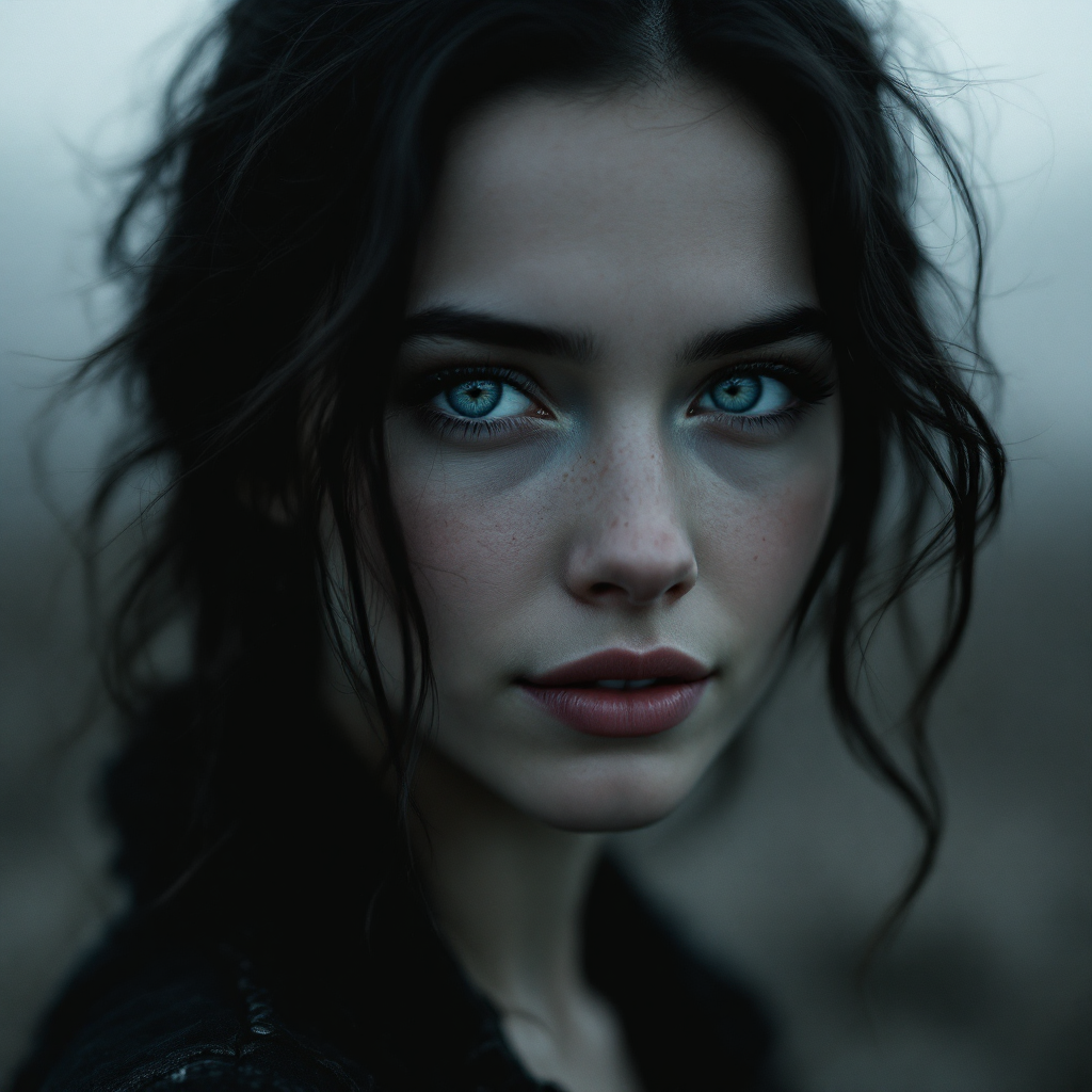 A close-up portrait of a young woman with striking blue eyes and tousled dark hair, conveying a sense of depth and resilience, evoking the quote, You're not completely worthless.