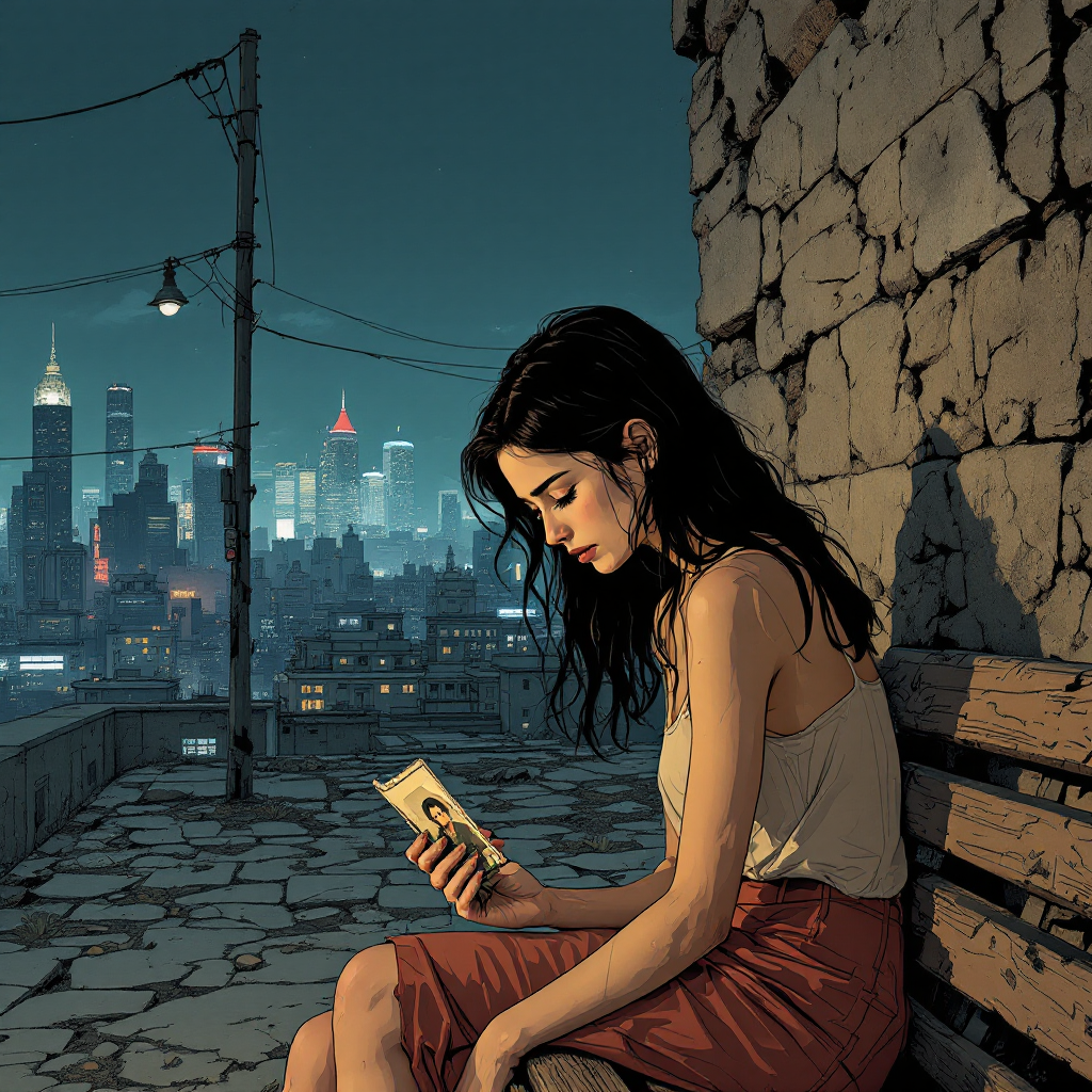 A woman sits on a bench at night, holding a photo, gazing thoughtfully at a distant city skyline, reflecting the changes in people's lives over time.