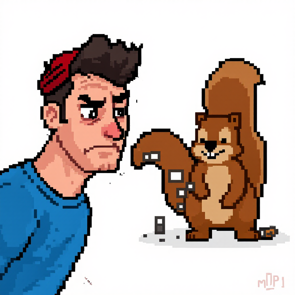 A frustrated man in a blue shirt and red headband faces a cheeky squirrel, playfully holding nuts, referencing the quote about wrestling with a squirrel.