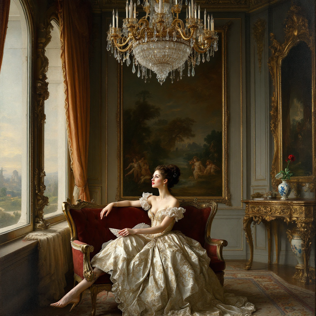 A woman in an elegant gown sits thoughtfully on a red couch in a lavishly decorated room, illuminated by a chandelier, reflecting a moment of introspection inspired by the quote on excuses.