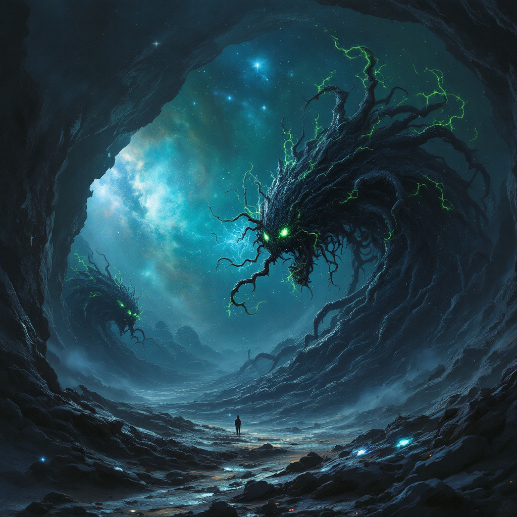 A cosmic scene depicts a dark cavern illuminated by swirling galaxies, with monstrous, tentacled entities looming ominously, evoking the terror of lurking nightmares.