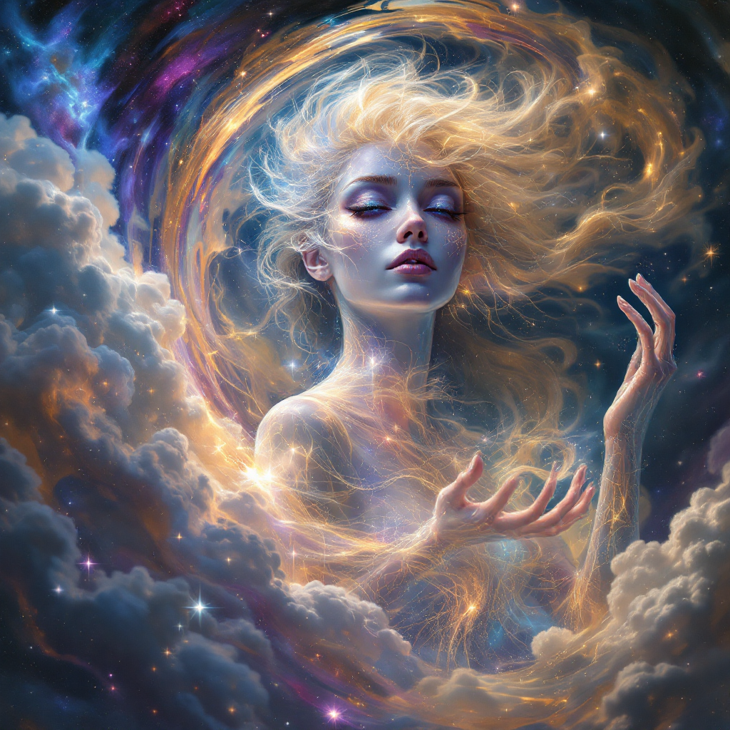 A serene figure with flowing hair emerges from swirling clouds and cosmic colors, embodying the fragility and beauty of existence, reflecting on the quote about our shared human frailty.