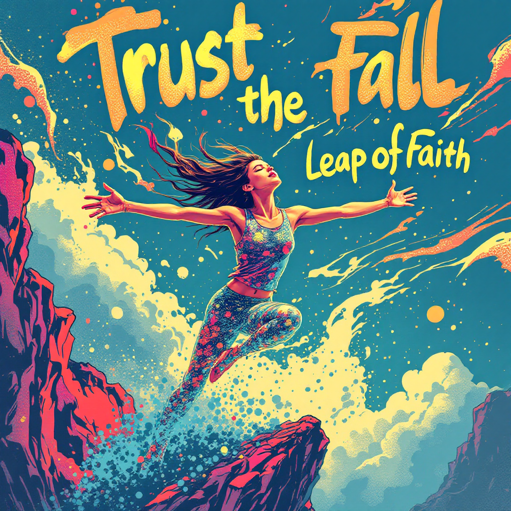 A dynamic illustration features a woman leaping from a rocky edge, surrounded by vibrant colors and the text Trust the Fall, Leap of Faith, embodying the spirit of taking risks.