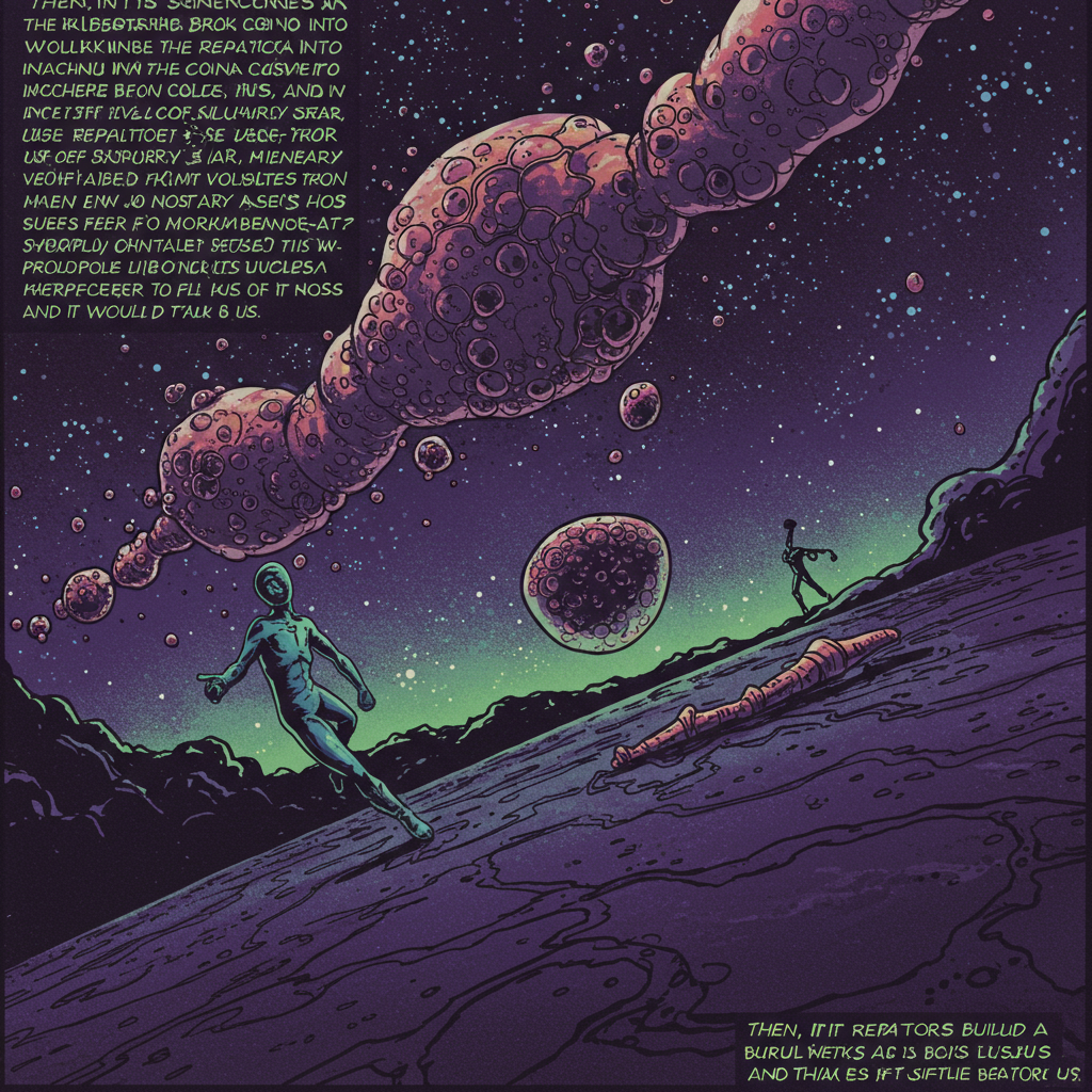 Two figures explore a vibrant alien landscape filled with colorful clouds and celestial bodies in a starry sky, embodying themes of exploration and advanced technology.