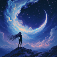 A silhouette of a figure stands on rocky terrain, gazing at a vast night sky filled with stars and a luminous crescent moon, embodying the essence of action amid the universe's indifference.