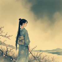 A young woman in a traditional kimono stands by blooming cherry blossoms, gazing thoughtfully at an expansive landscape under a moody sky, reflecting on the complexities of adulthood.