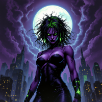 A powerful figure with green accents stands confidently against a stormy skyline, embodying the strength gained by confronting fears under a full moon.