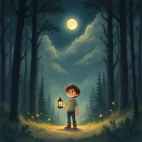 A young boy holding a lantern stands in a dark forest illuminated by moonlight, symbolizing inner battles and self-discovery amidst the shadows.