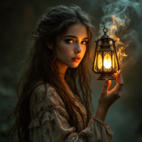 A young woman with long, flowing hair holds a glowing lantern, its warm light illuminating her face, amidst a misty, dark atmosphere that evokes a sense of mystery and depth.