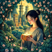 A young woman holds a glowing box in a lush, flower-filled landscape, with a serene city skyline illuminated by moonlight in the background, embodying purpose through service.