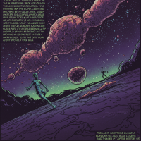 Two figures explore a vibrant alien landscape filled with colorful clouds and celestial bodies in a starry sky, embodying themes of exploration and advanced technology.