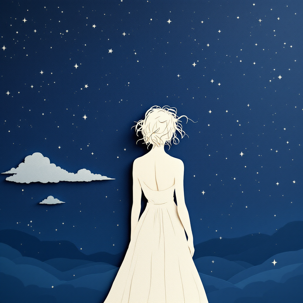 A figure in a flowing white dress stands with their back to the viewer, gazing at a starry night sky and distant mountains, embodying the journey of self-discovery after loss.