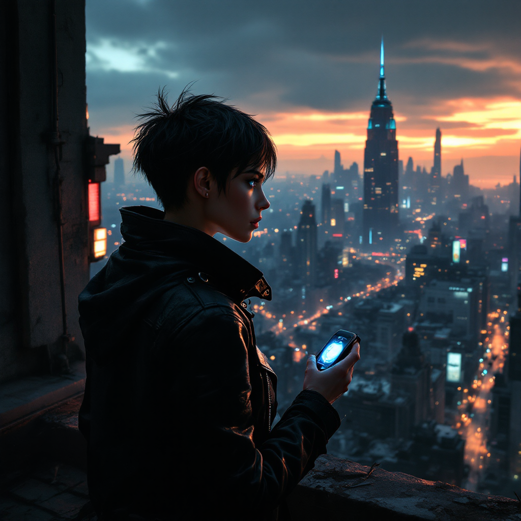 A figure in a black jacket stands on a rooftop at dusk, holding a device while gazing at a vibrant cityscape, embodying the theme of facing consequences in life.