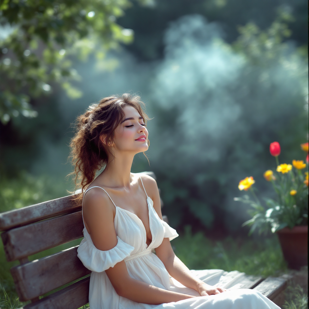 A woman in a flowing white dress sits on a bench, eyes closed and a serene expression, surrounded by soft mist and vibrant flowers, embodying the beauty of ordinary moments in life.