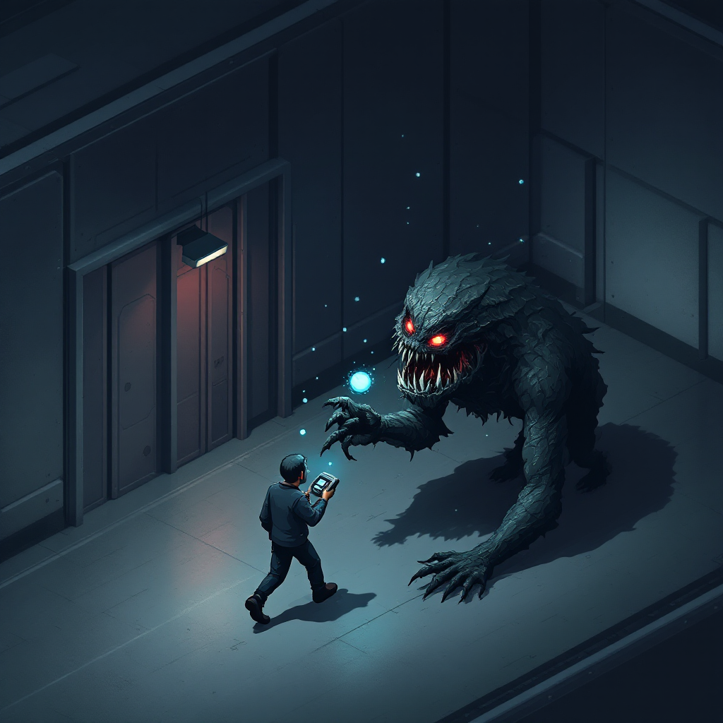 A shadowy, monstrous creature with glowing red eyes crouches near a man holding a glowing orb inside a dimly lit industrial room.