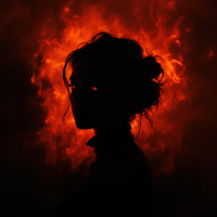 A silhouette of a woman with a halo of fiery red smoke encircling her head, evoking the haunting imagery of her eyes like ashes in a dead fire. She whispers, Goodbye.