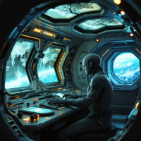 A small gray man sits at a control station in the spacecraft Aknar II, surrounded by glowing instruments and a view of Earth through a large window.