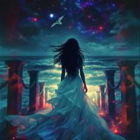 A figure in a flowing dress stands at the edge of a cosmic shore, gazing into a swirling starry sky, embodying the poignant realization that some things can never be undone.