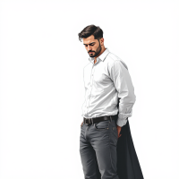 A contemplative man in a white shirt stands with his hands in his pockets, wearing dark jeans and a cape, embodying the essence of being defined by what he is not.