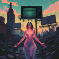 A woman stands amidst a ruined cityscape, her figure glowing with vibrant energy, symbolizing freedom and rebirth after loss, echoing the quote about the liberating power of losing everything.