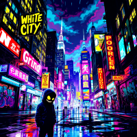 A vibrant, neon-lit cityscape titled White City, featuring a shadowy figure with a glowing smile, reflecting ambition and greed beneath its colorful façade.