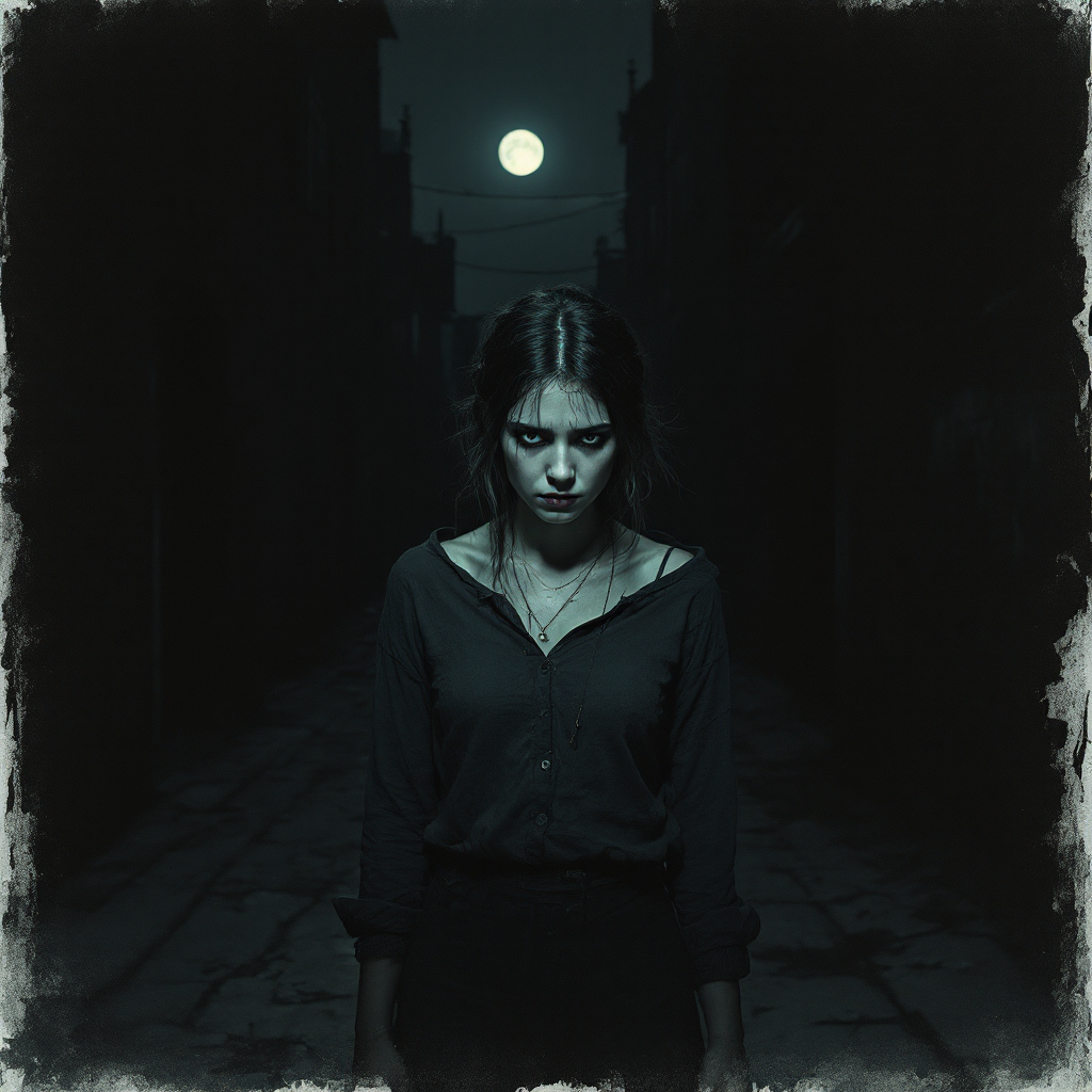 A somber woman stands alone in a dimly lit alley, with a full moon illuminating her expression of determination, embodying the quote, I don't have a choice. I have to do this.