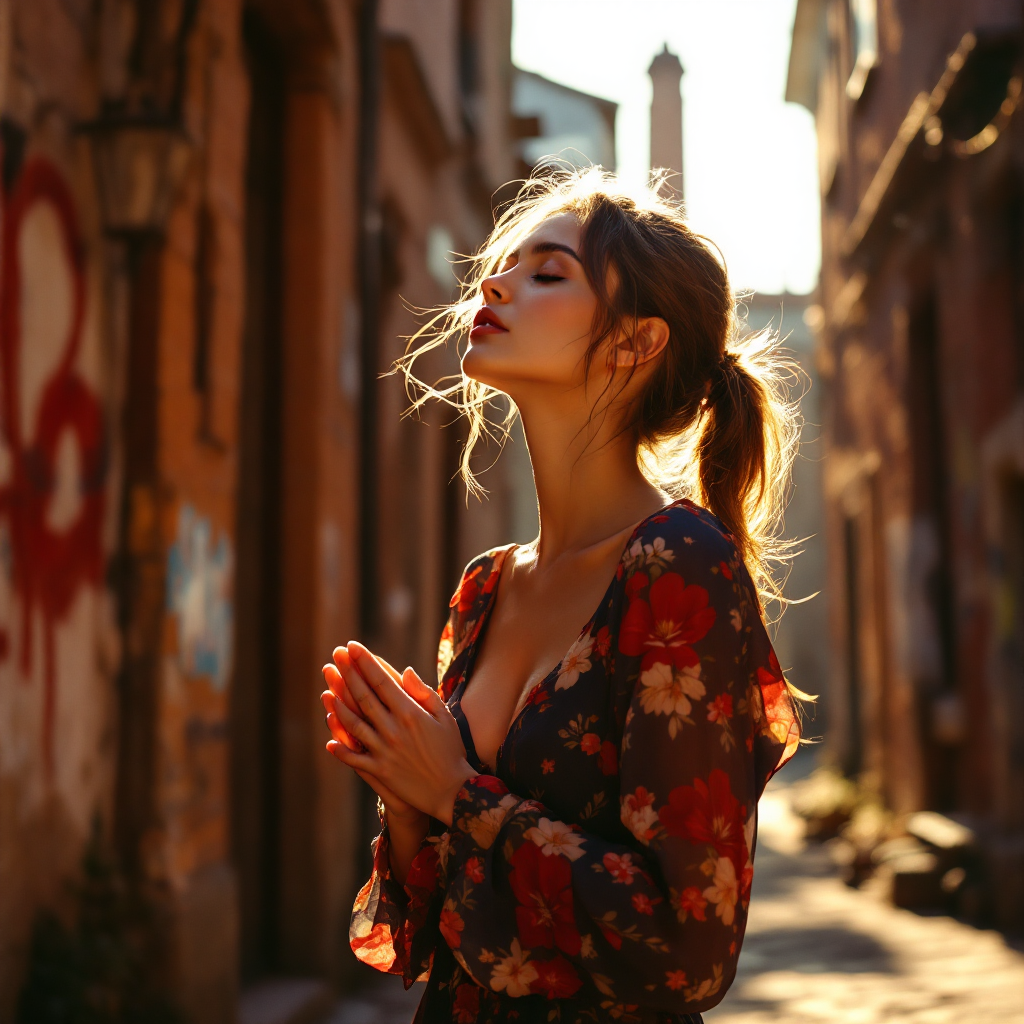 A woman in a floral dress stands in a sunlit alley, eyes closed and hands clasped, embodying the idea that our past shapes us, but our choices define our future.