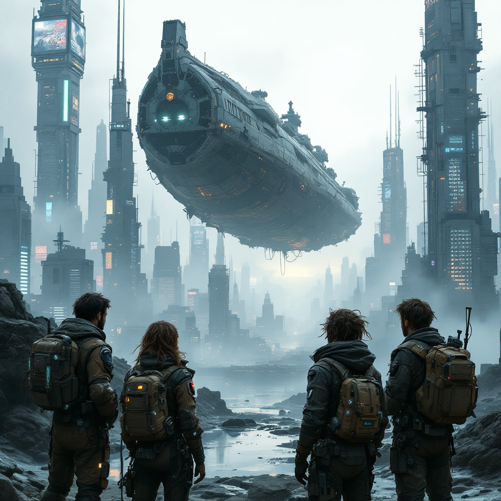 A group of explorers stands with their backs to the viewer, gazing at a massive spaceship hovering above futuristic, towering city structures, evoking a sense of adventure and curiosity.