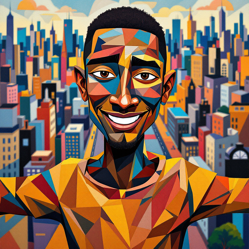 A vibrant, geometric portrait of a smiling man with open arms, set against a colorful city skyline, embodies the spirit of unity and brotherhood from the quote about kinship among all people.