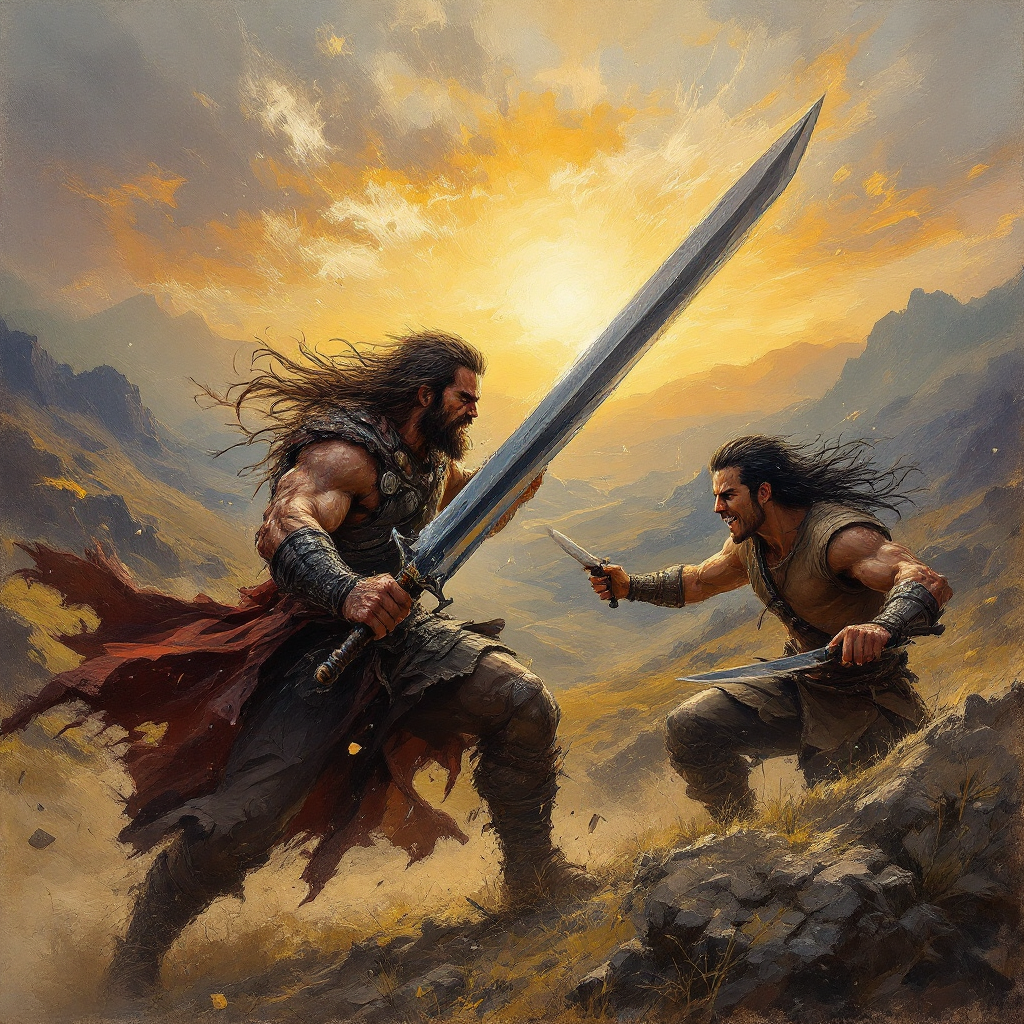 Two fierce warriors confront each other on a rugged landscape at sunset, exemplifying the quote, You win or you die. There is no middle ground. Swords drawn, tension palpable.