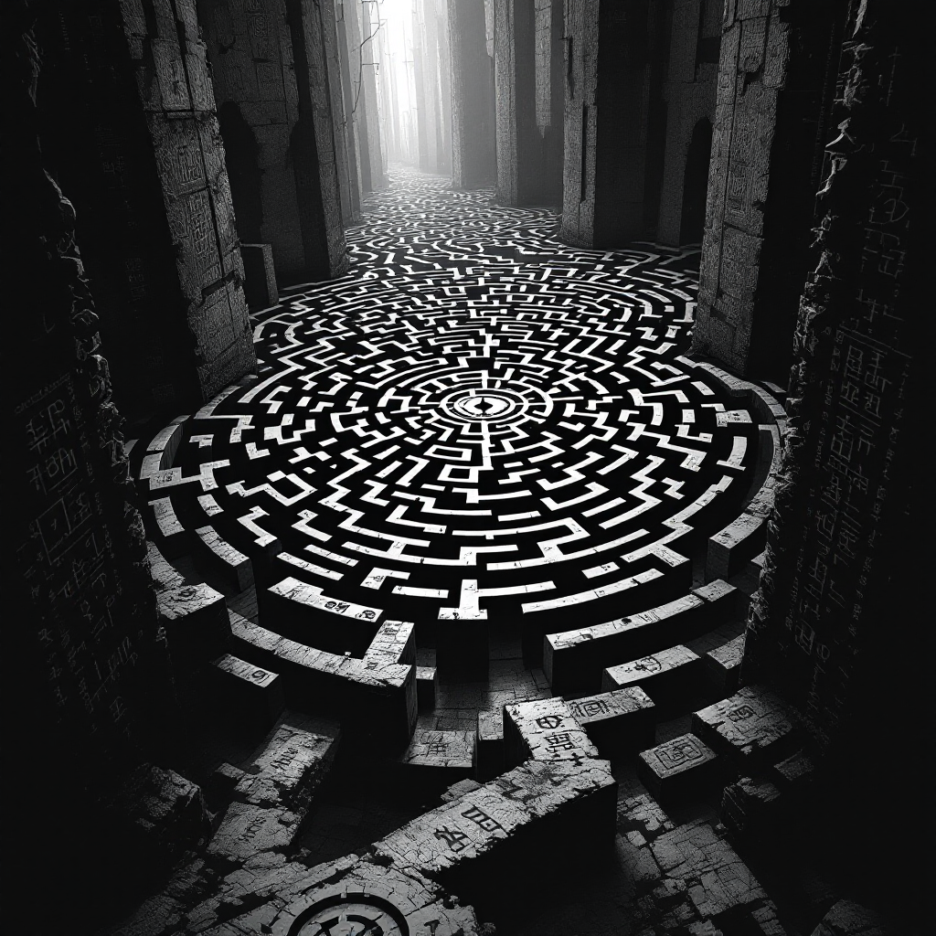 A dark, intricate maze twists and turns through a desolate environment, embodying the theme of a giant, sadistic puzzle designed to break those who enter.