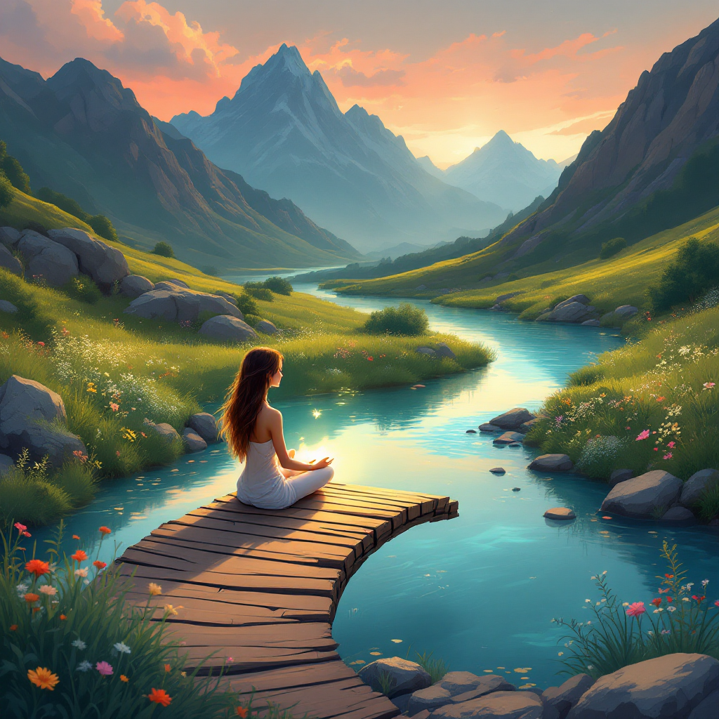 A serene landscape features a woman meditating on a wooden bridge, surrounded by vibrant flowers and a winding river, reflecting the ups and downs of healing. Mountains rise majestically in the background.