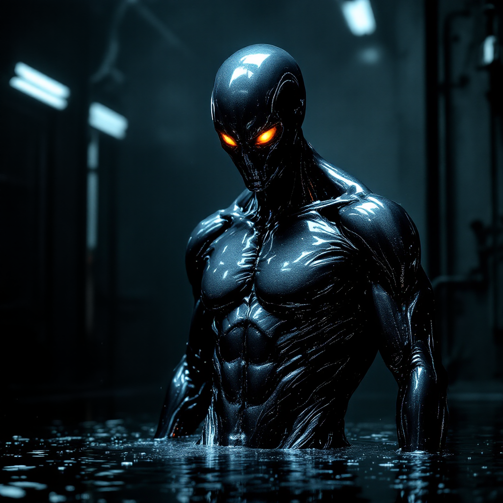 A dark, humanoid figure with glowing orange eyes emerges from water, embodying elements of fear and judgment, reflecting the quote about the dark side's influence on thoughts.