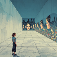 A figure stands in a stark hallway, facing multiple reflective faces on the walls, symbolizing the complexity of perception and the constructed nature of reality.