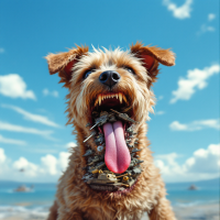 A small dog with a wide-open mouth displays a chaotic mix of miniature warships in its mouth, humorously illustrating the quote about a fleet swallowed by a dog.