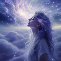 A serene figure with flowing purple hair gazes upward, surrounded by a cosmic scene of swirling stars and wisps of light, embodying the exploration of endless possibilities.