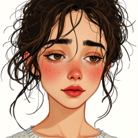 A young woman with curly hair and warm brown eyes, featuring subtle freckles and a soft expression, embodies the spirit of authenticity and embracing imperfections.