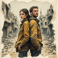 A woman and a man stand back-to-back in a war-torn city, embodying a bond forged through adversity, stronger than iron, amidst ruins and a somber landscape.