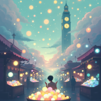 A person sits amidst a market filled with glowing orbs, gazing towards a tall clock tower in a dreamy, colorful sky, symbolizing the idea that memory is a valuable currency.