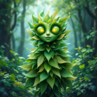 A whimsical figure made of vibrant green leaves stands in a misty forest, embodying the quote's theme of giving voice to the silenced and bridging connections between beings.