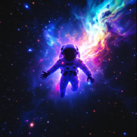 An astronaut floats through a vivid cosmic scene, surrounded by swirling colors and stars, embodying the overwhelming beauty of exploring the depths of space and self.