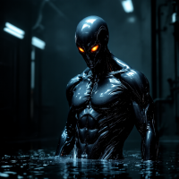 A dark, humanoid figure with glowing orange eyes emerges from water, embodying elements of fear and judgment, reflecting the quote about the dark side's influence on thoughts.