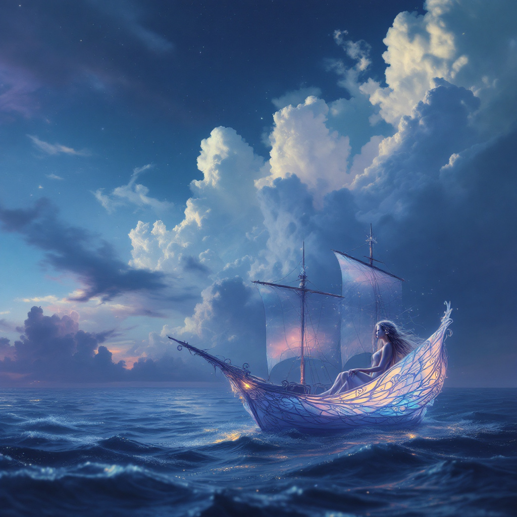 A serene ship glides over tranquil waters, its ethereal sails shimmering under a dreamy twilight sky, capturing the essence of whispers and imagination from the quote about dreams.