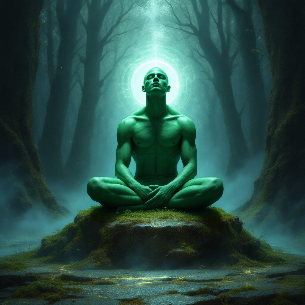 A green-skinned priest sits silently in a misty forest, radiating calmness. A glowing aura surrounds him, symbolizing his role in telepathic communication during emergencies.