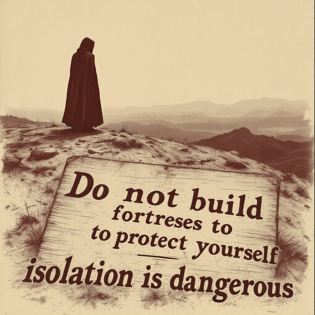 A cloaked figure stands on a barren landscape, gazing into the distance. A prominent quote urges against isolation, emphasizing the dangers of building emotional fortresses for protection.