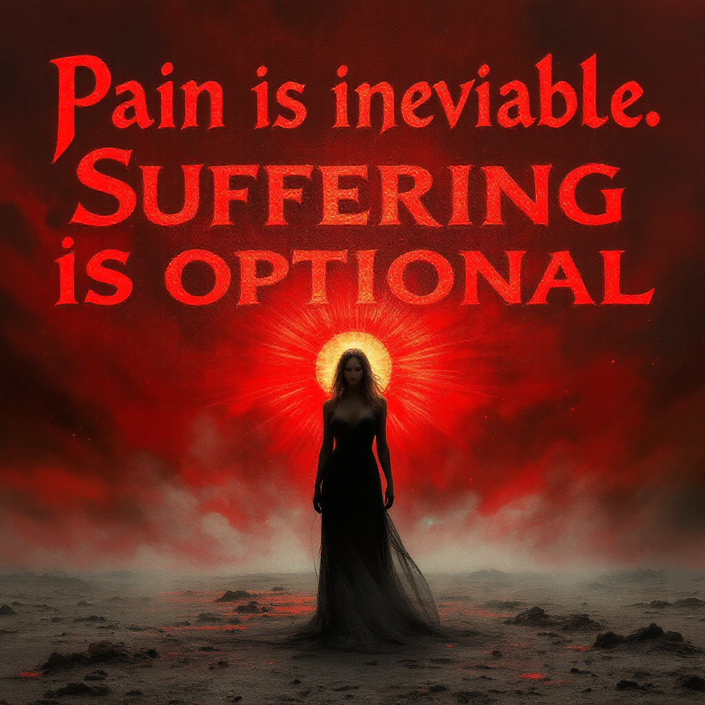 A silhouetted figure in a flowing black dress stands against a dramatic red background, with the quote Pain is inevitable. Suffering is optional. prominently displayed above.