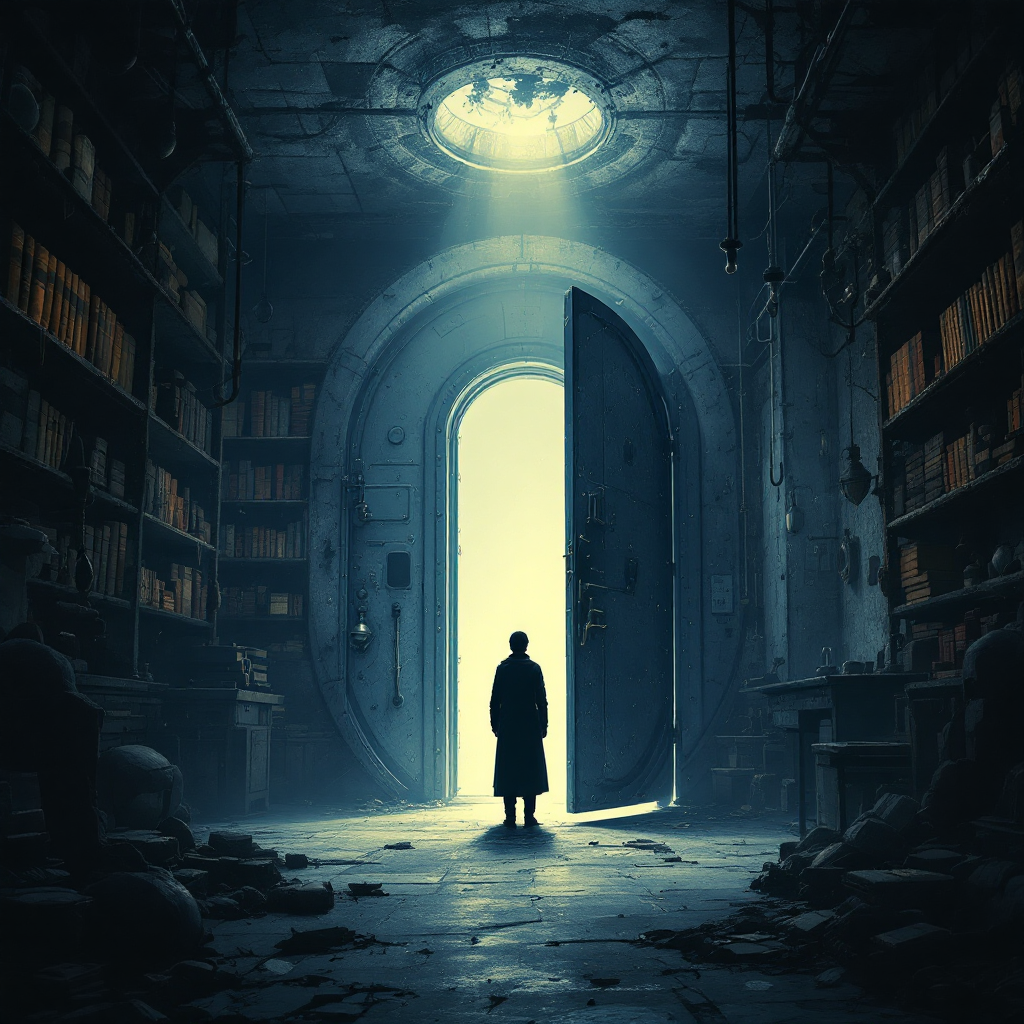 A figure stands in a dimly lit library before a large, partially open door, with light streaming in, reflecting the profound question of life and resurrection.