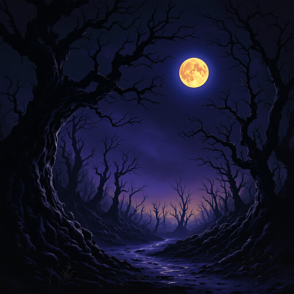 A dark, eerie forest scene under a full moon, with twisted trees silhouetted against a deep blue sky, evoking the ominous feeling of the quote, The night is dark and full of terrors.