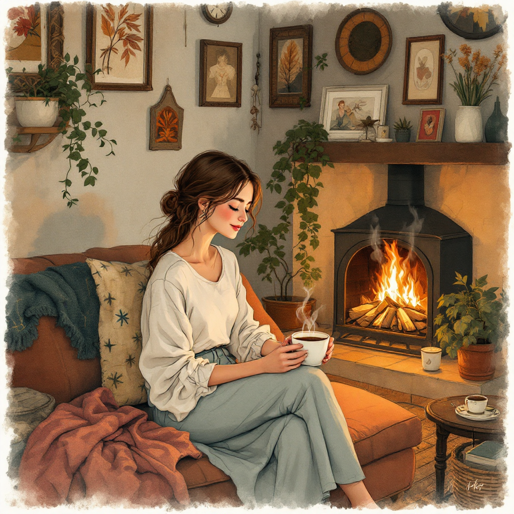 A cozy scene of a woman sitting on a couch, holding a steaming cup, with a warm fire crackling nearby. The inviting atmosphere embodies the idea that home is a feeling.